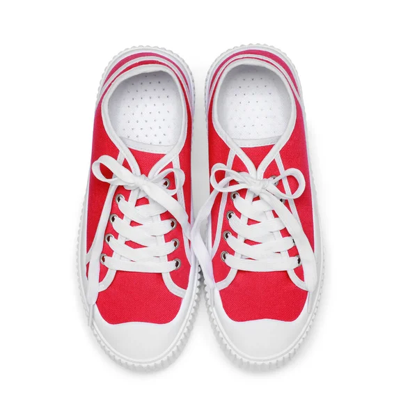 红色经典老式学校运动鞋的搭配 顶视图隔离 — 图库照片