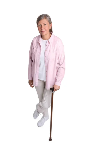 Senior Kvinne Med Stokk Hvit Bakgrunn – stockfoto