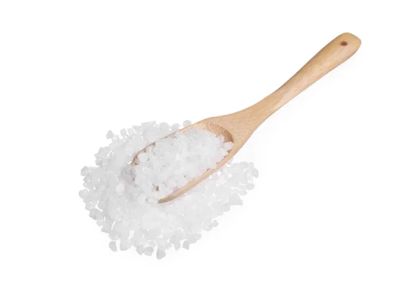 Wooden Spoon Natural Sea Salt Isolated White — 图库照片