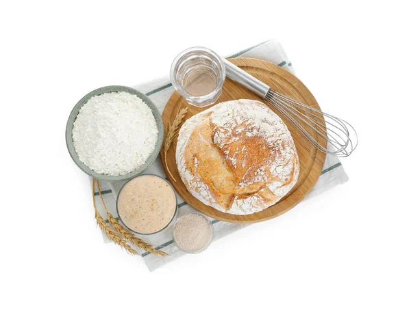 Freshly Baked Bread Sourdough Other Ingredients White Background Top View — Stock Photo, Image