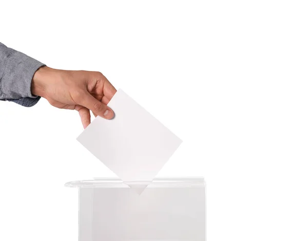 Homem Colocando Seu Voto Urna Fundo Branco Close — Fotografia de Stock