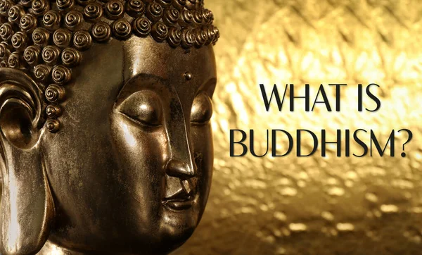 Buddha Staty Och Text Vad Buddhismen Gyllene Bakgrund — Stockfoto