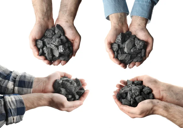 Collage Con Fotos Hombres Sosteniendo Pilas Carbón Sobre Fondo Blanco —  Fotos de Stock
