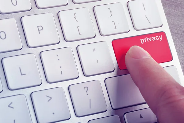 Woman Pressing Red Button Word Privacy Computer Keyboard Closeup — Stock Photo, Image