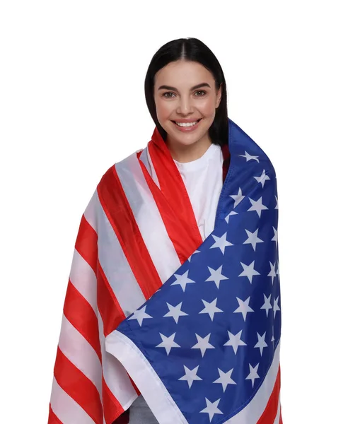 Lipca Dzień Niepodległości Ameryki Szczęśliwa Kobieta Flagą Narodową Stanów Zjednoczonych — Zdjęcie stockowe