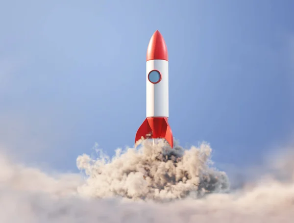 Raketa Kouřem Létající Modré Obloze — Stock fotografie