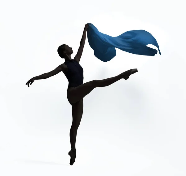 Krásná Baletka Modrým Závojem Tančí Bílém Pozadí Tmavá Silueta Tanečnice — Stock fotografie