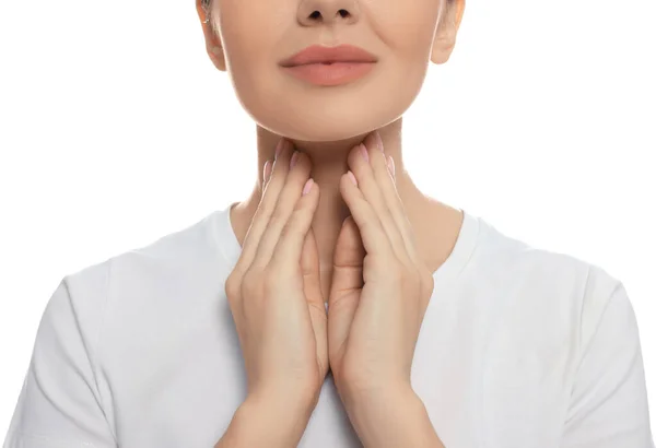 Endocrine System Woman Doing Thyroid Self Examination White Background Closeup — Stok Foto