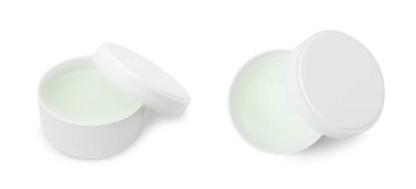 Beyaz arka planda, üst ve yan manzaralı kavanozdaki yağ jölesi. Kozmetik petrolatum