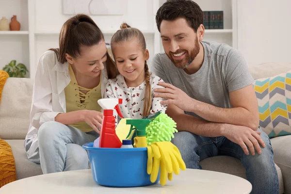 Spring Cleaning Family Basin Different Detergents Living Room — Stock Photo, Image