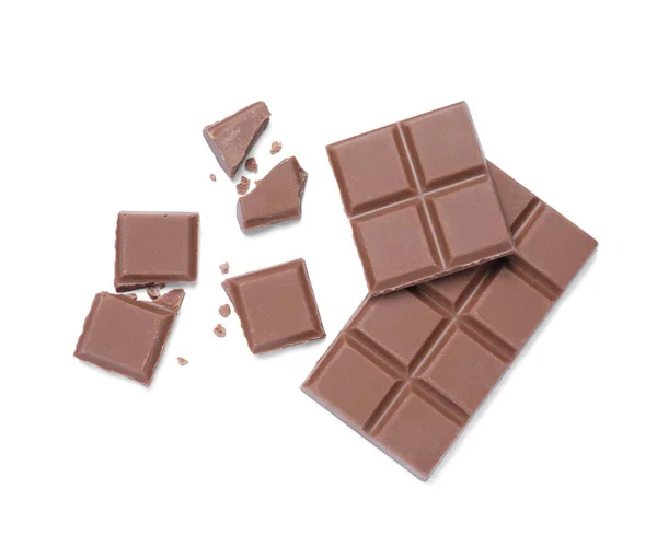 Pieces Delicious Milk Chocolate Bar White Background Top View — Stock Photo, Image