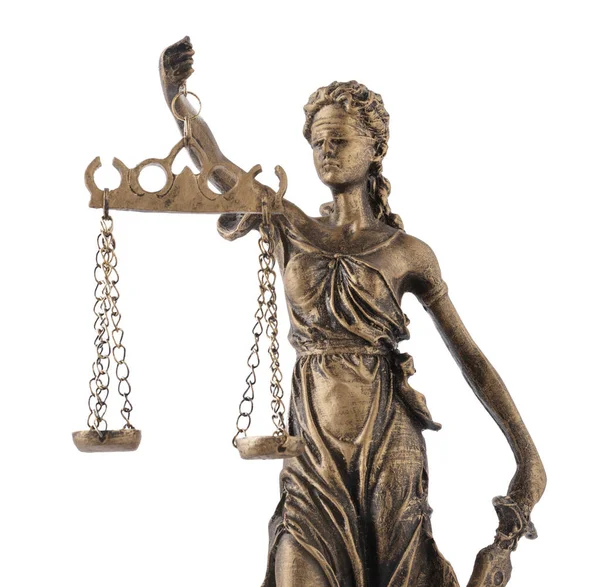 Statua Pani Sprawiedliwości Odizolowana Białym Symbol Sprawiedliwego Traktowania Zgodnie Prawem — Zdjęcie stockowe
