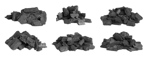 Коллаж Различными Грудами Угля Белом Фоне — стоковое фото