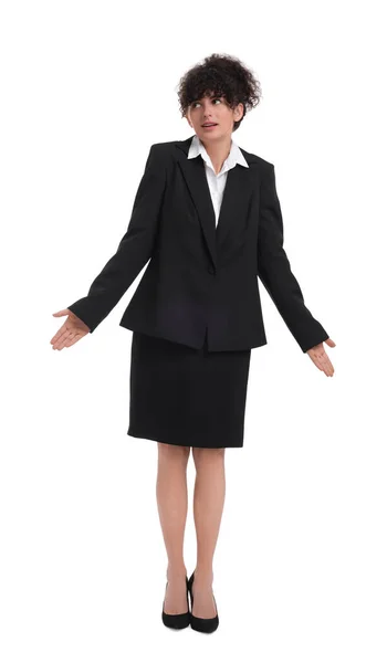 Schöne Emotionale Geschäftsfrau Anzug Auf Weißem Hintergrund — Stockfoto