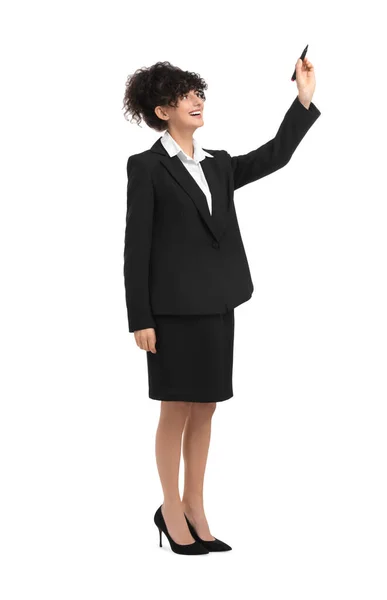 Schöne Glückliche Geschäftsfrau Mit Filzstift Auf Weißem Hintergrund — Stockfoto