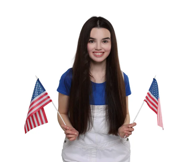 Julio Día Independencia América Feliz Adolescente Sosteniendo Banderas Nacionales Estados —  Fotos de Stock