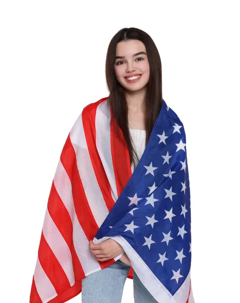 Lipca Dzień Niepodległości Ameryki Happy Teen Girl Gospodarstwa Flaga Narodowa — Zdjęcie stockowe