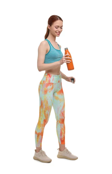 Junge Frau Sportbekleidung Mit Thermoflasche Auf Weißem Hintergrund — Stockfoto