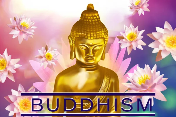 Buddismo Figura Buddha Dorato Circondato Fiori Loto Sfondo Luminoso — Foto Stock