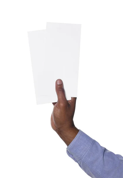 Homem Afro Americano Segurando Panfletos Fundo Branco Close Mockup Para — Fotografia de Stock