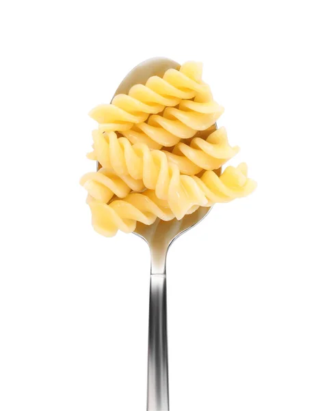 Lepel Met Smakelijke Pasta Geïsoleerd Wit Bovenaanzicht — Stockfoto