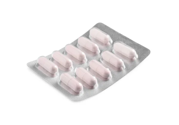 Blistry Tabletkami Białym Tle Leczenie Farmakologiczne — Zdjęcie stockowe