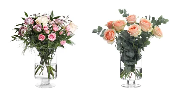 Colagem Vaso Elegante Com Diferentes Buquês Fundo Branco — Fotografia de Stock