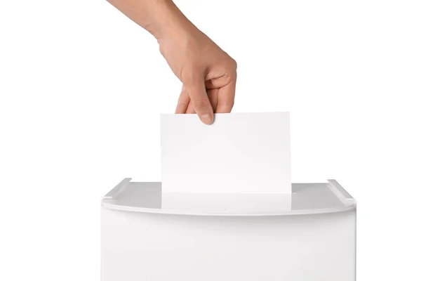 Uomo Che Mette Suo Voto Nelle Urne Sfondo Bianco Primo — Foto Stock