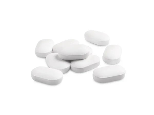 Muitas Pílulas Isoladas Branco Tratamento Medicamentoso — Fotografia de Stock