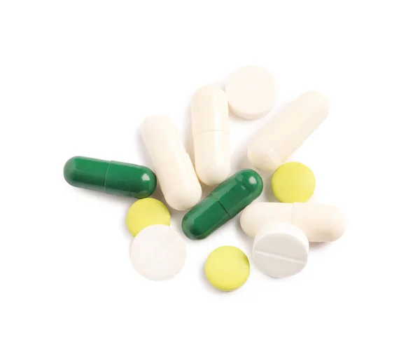 Wiele Różnych Tabletek Izolowanych Białym Widok Góry — Zdjęcie stockowe