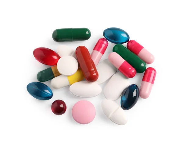Nombreuses Pilules Différentes Isolées Sur Blanc Vue Dessus — Photo