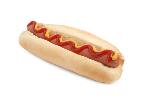 Heerlijke Hotdog Met Mosterd Ketchup Witte Achtergrond — Stockfoto