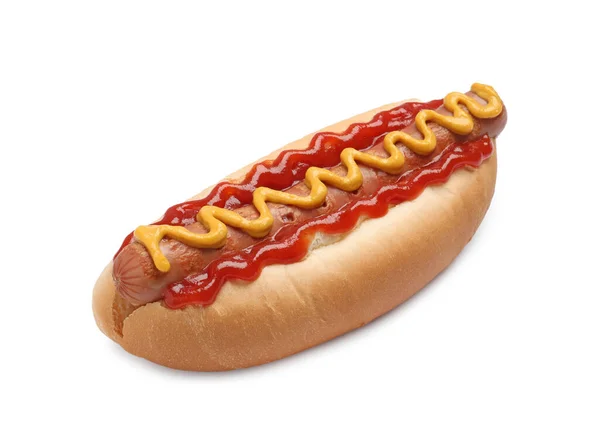 Délicieux Hot Dog Moutarde Ketchup Sur Fond Blanc — Photo
