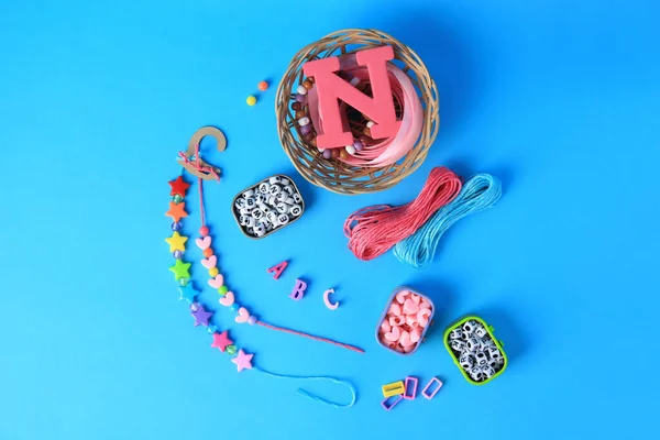 Handmade Jewelry Kit Kids Colorful Beads Ribbon Bracelets Light Blue — Stock Photo, Image