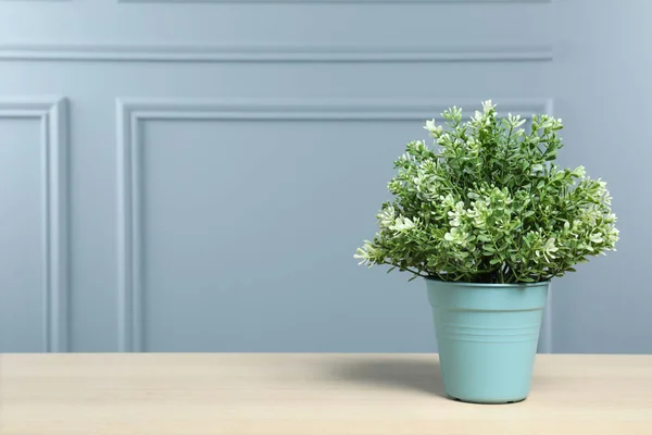 花盆中美丽的人造植物在靠近灰色墙壁的木制桌子上 文字空间 — 图库照片
