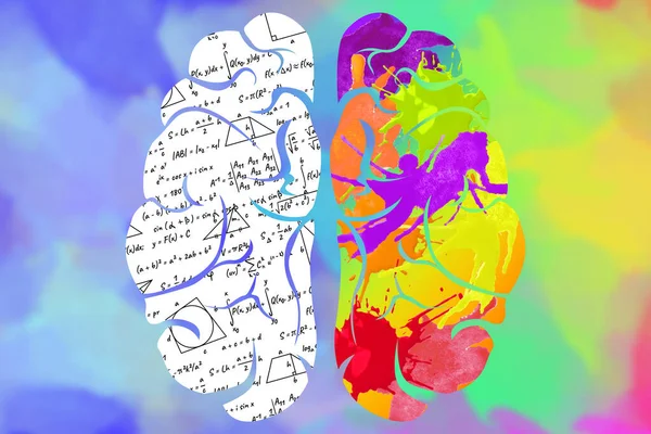 Λογική Και Δημιουργικότητα Εικονογράφηση Του Εγκεφάλου Ένα Φωτεινό Ζωγραφισμένο Ημισφαίριο — Φωτογραφία Αρχείου