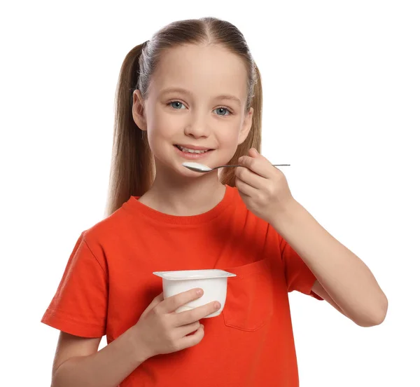 Cute Little Girl Tasty Yogurt White Background — Stock Photo, Image