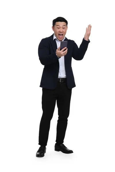 Shocked Businessman Suit Smartphone White Background — Stock Photo, Image