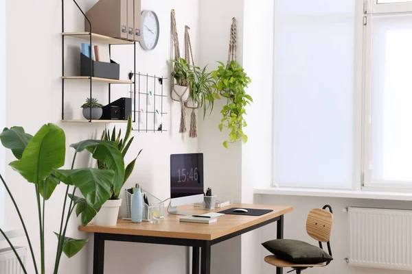 stock image Cozy workplace with computer, modern furniture and houseplants at home