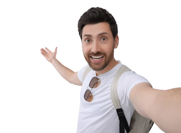 Leende Man Som Tar Selfie Vit Bakgrund — Stockfoto