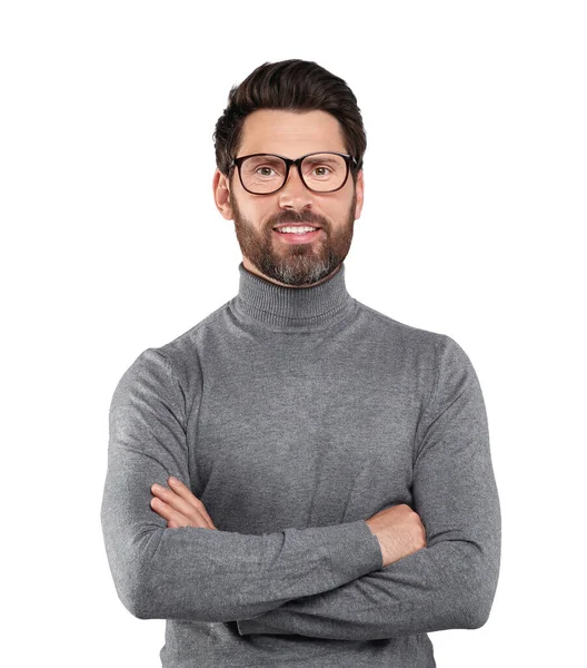 Potret Pria Tampan Dengan Kacamata Terisolasi Atas Putih — Stok Foto