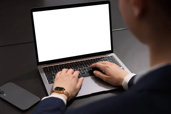 Woman Working Laptop Black Desk Closeup — Stock Photo, Image