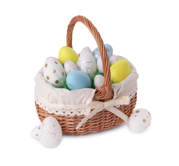 Wicker Basket Beautifully Painted Easter Eggs Isolated White — Photo