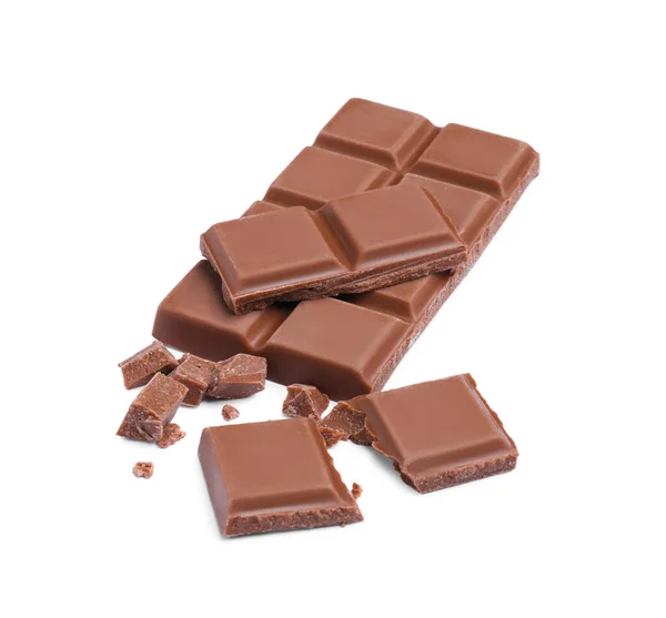 Stücke Köstlicher Milchschokolade Auf Weißem Hintergrund — Stockfoto