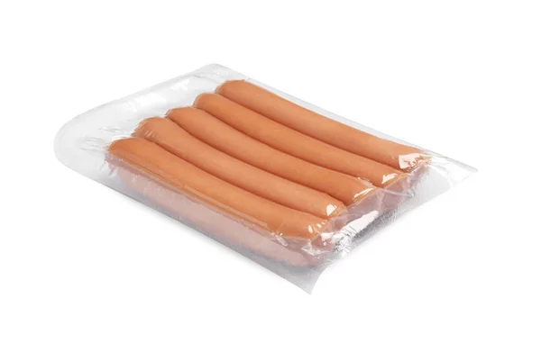 Opakowanie Świeżych Surowych Kiełbasek Izolowanych Białym Składniki Dla Hot Dogów — Zdjęcie stockowe
