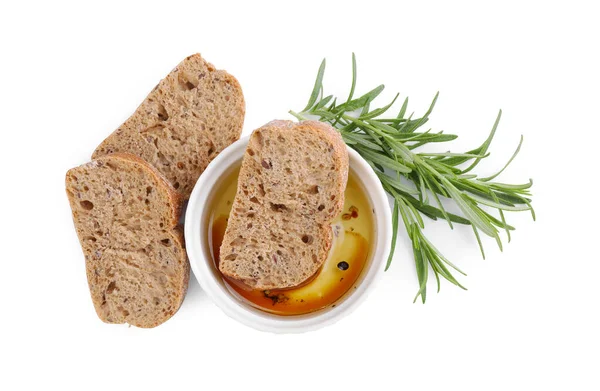 Bir Kase Organik Balzamik Sirke Yağ Baharatlar Beyaz Ekmek Dilimleriyle — Stok fotoğraf