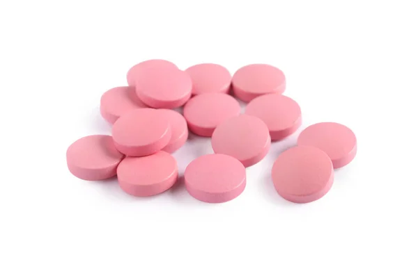 Haufen Rosa Pillen Auf Weißem Hintergrund — Stockfoto