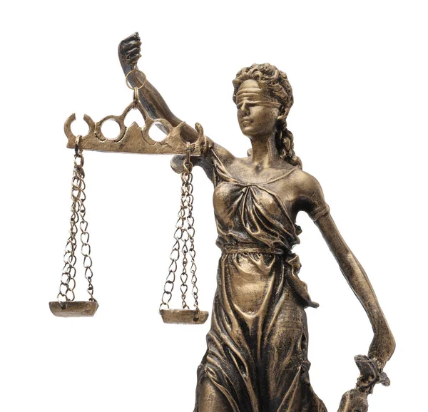 Statue Von Lady Justice Isoliert Auf Weiß Symbol Der Rechtlichen — Stockfoto
