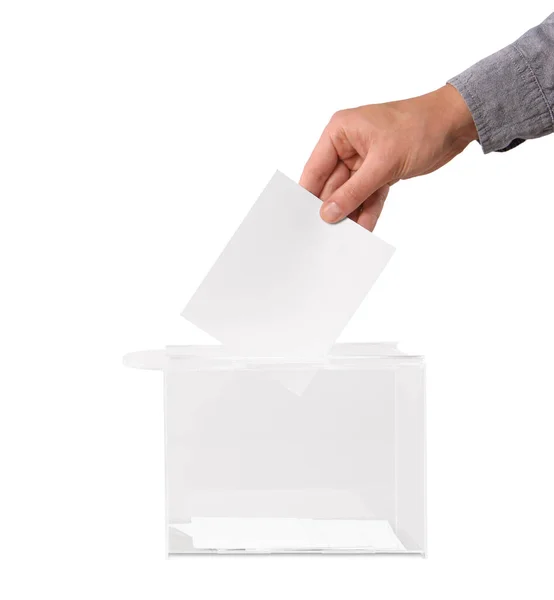 Homme Mettant Son Vote Dans Les Urnes Sur Fond Blanc — Photo