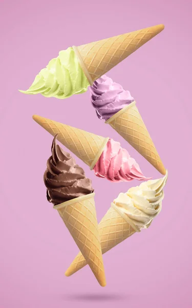 Delicious Ice Cream Crispy Cones Falling Pink Background — Stock Photo, Image